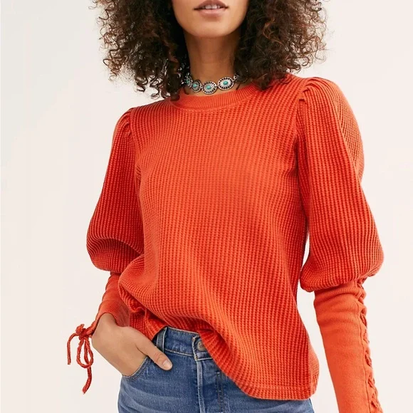 Free People FP One Womens Top XS Mustard Tasha Waffle Thermal Long Puff Sleeve - Picture 10 of 10